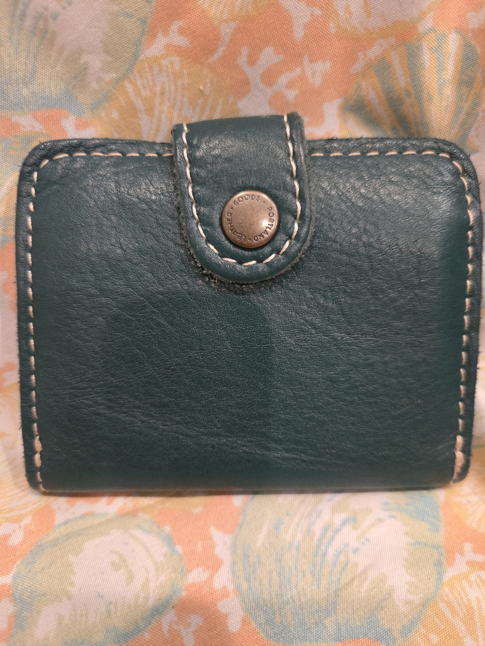 Teal Leather Snap Wallet with Contrast Stitching